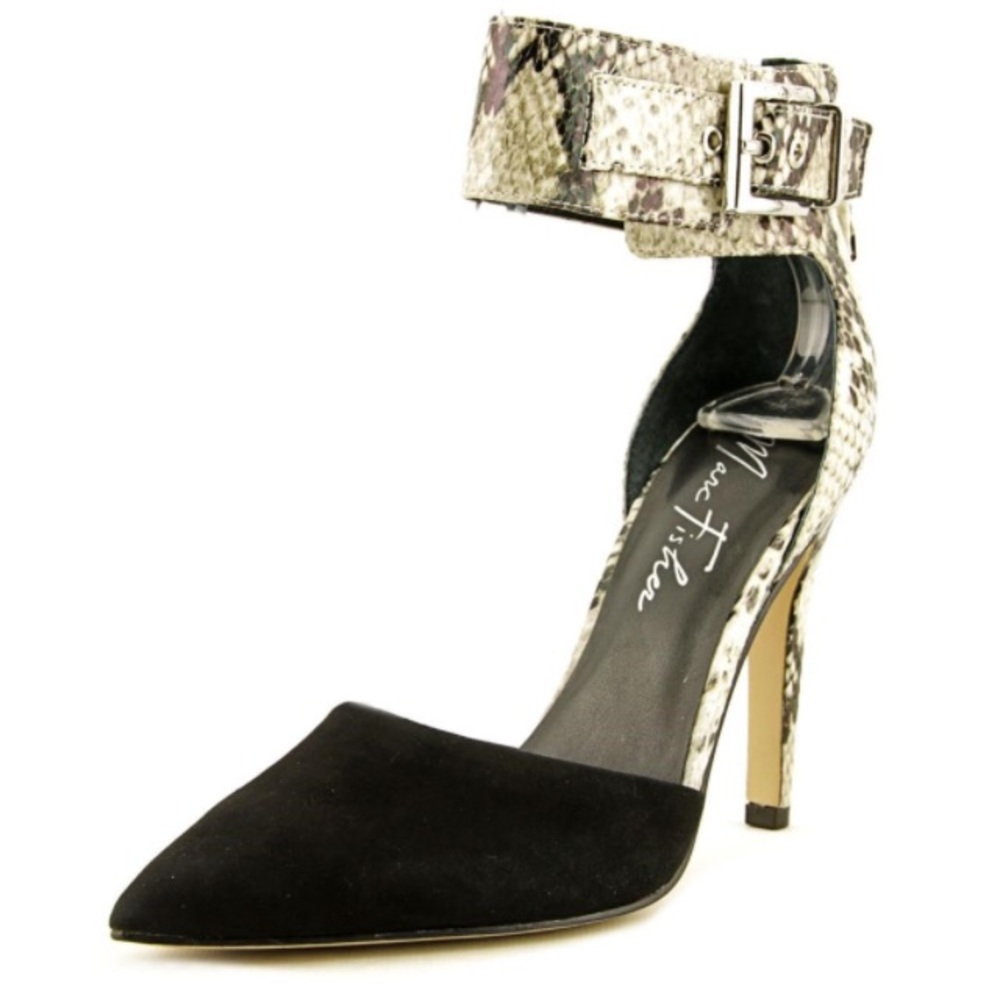 MARC FISHER Mivie 2 Black Heels with Wide Snakeskin Print Ankle Strap Sz 7.5